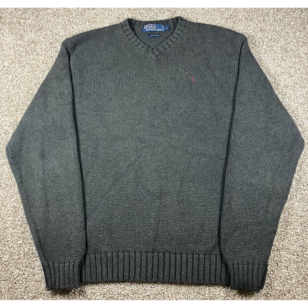 Vintage Polo Ralph Lauren Mens V-Neck Sweater Large Charcoal Grey Cotton Knit